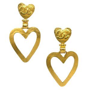 Chanel Heart Dangle Hoop Earrings Gold Clip-On 95P 143660
